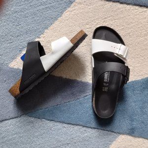 New Birkenstock Arizona Black and White Vegan Sandals W10.5 M8 4 - regular width